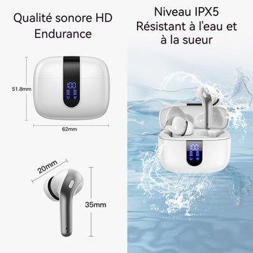 Écouteurs bluetooth 5.4 écran LED autonomie de 36 heures microphone antibruit étanchéité IPX5 fonctionnement tactile blanc écouteurs
